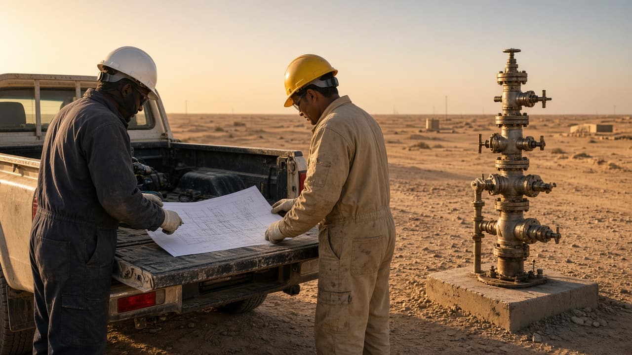 Field crew reviewing a well program on location